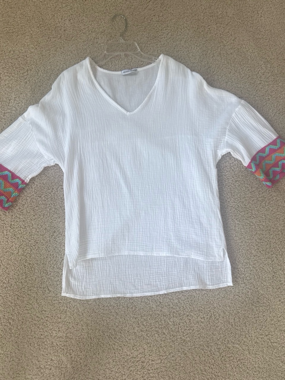 White Gauze V-Neck Blouse with Chevron Sleeve Detail by Secret Season
